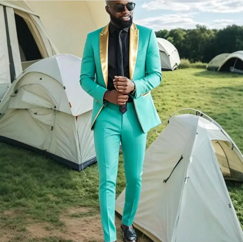 Latest Design Elegant Turquoise Men Suits Luxury Formal Occasion Slim Fit 2 Piece Jacket Pants Set High Quality Costume Clothing