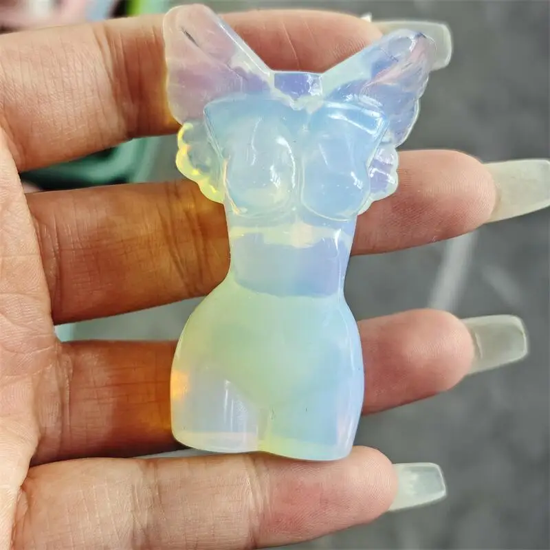 Natural White Opalite Angel Wing Lady Body Carving Statue Healing Gemstone Crafts For Children Birthday Gift 1PCS