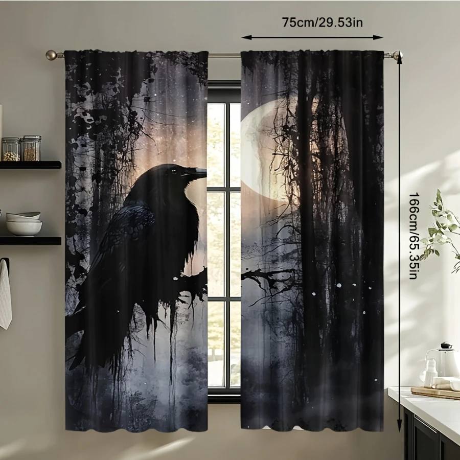 2PCS Digital Printed Curtains, Ink Wash Crow on Branch Moon Misty Forest, Dark Artistic Gothic Woodland Window Decor Bedroom