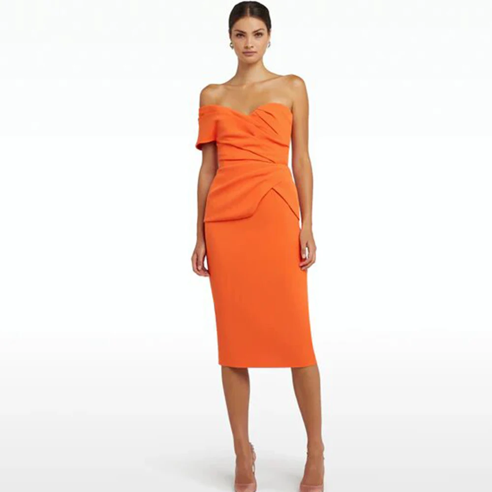 

2024 Formal Cocktail Dresses Sheath/Column Jersey Birthday Dress Orange Off the Shoulder Pleat Party Gown Midi