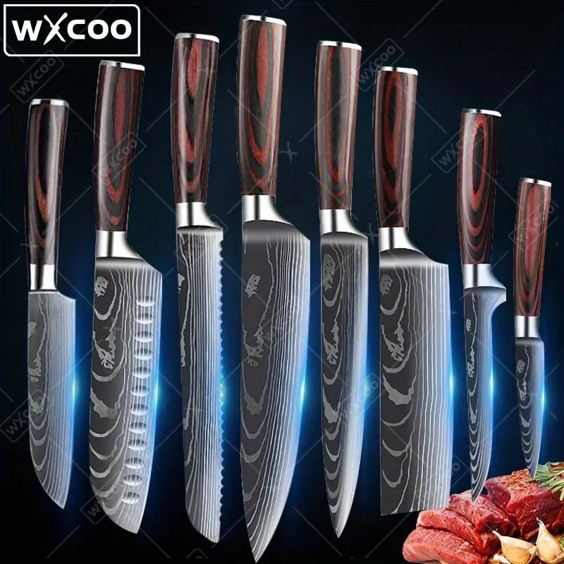 

8 Pcs, Kitchen Chef Knife Set, High Carbon Stainless Steel Damascus Drawing Gyuto Cleaver Set Slicer Santoku Knife Chef Knife