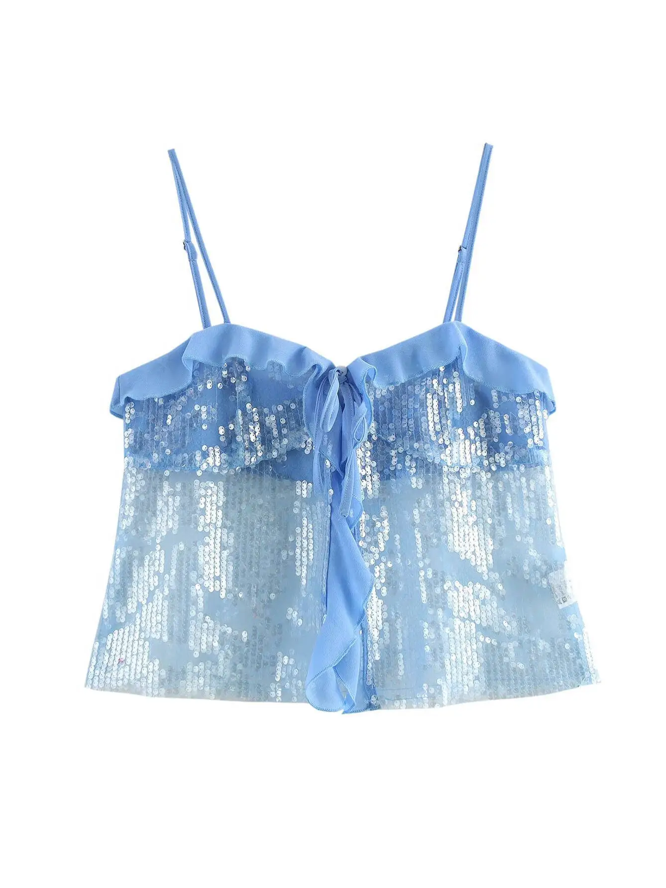 Modny damski crop top z cekinami, błyszczące ramiączka, długość ort, kolor, styl dojazdowy, kolekcja wiosenna