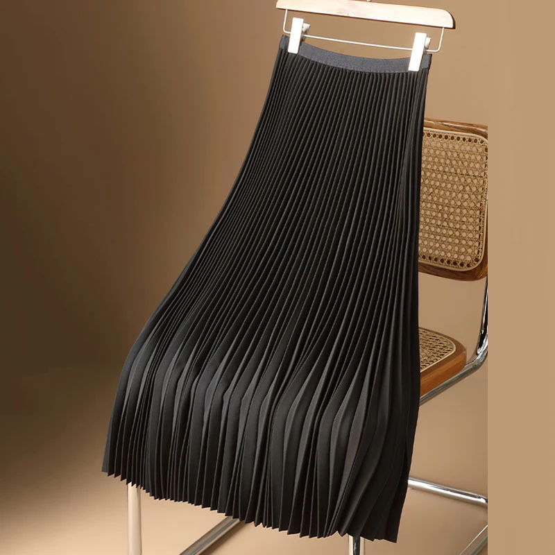 Gonna longuette vintage da donna estiva a pieghe tinta unita elastica a vita alta gonna da donna casual in misto cotone una linea lunga in raso liscio