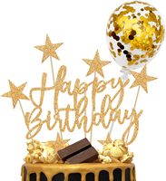 2PCS Gold Cake Decoration Confetti Balloon Cake Topper Gold Happy Birthday Cake Topper Stars Heart Cupcake Topper