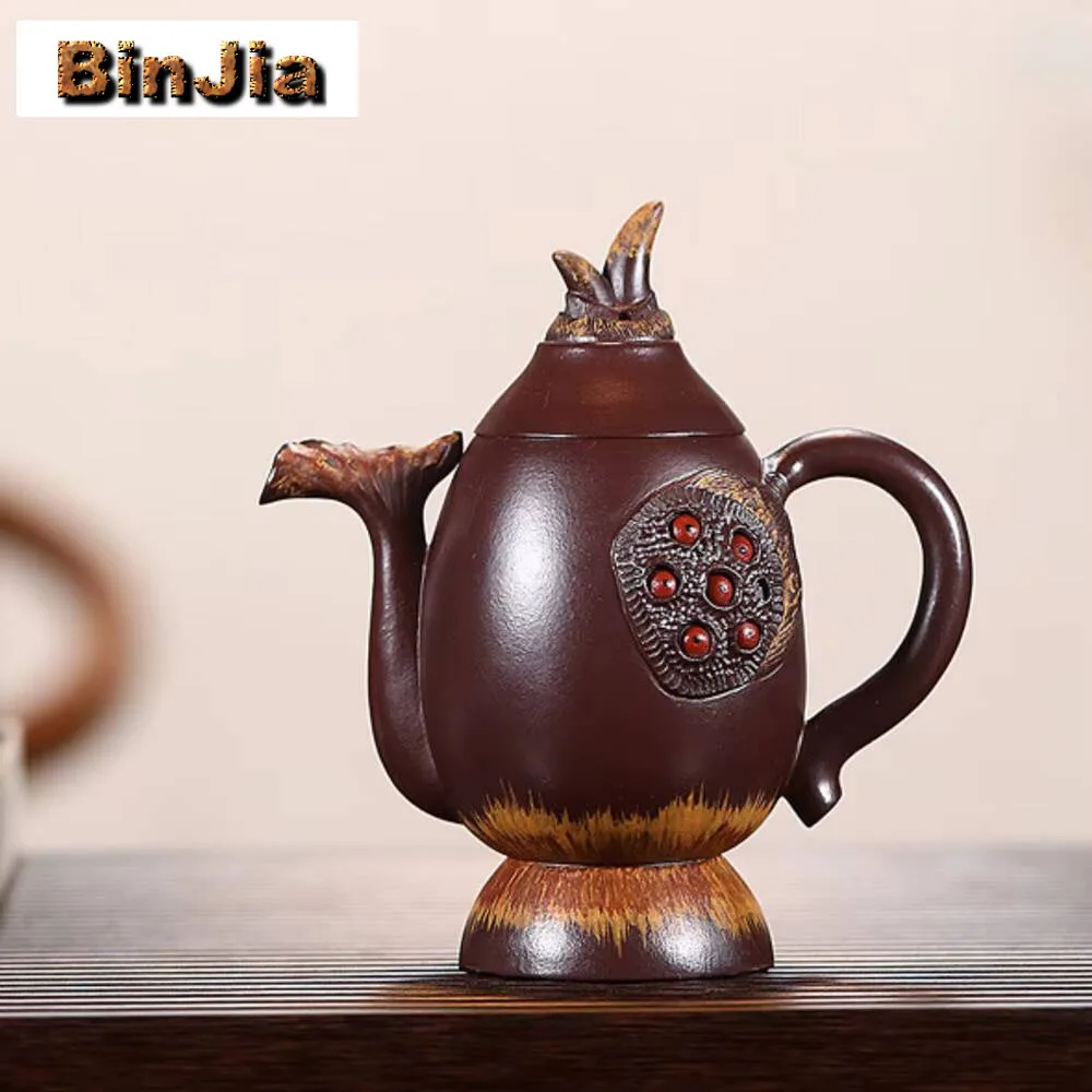 

220 мл Исинский фиолетовый глиняный чайник с ручной гравировкой в виде стручка лотоса, чайник, чайник для красоты, китайский набор Zisha ручной работы