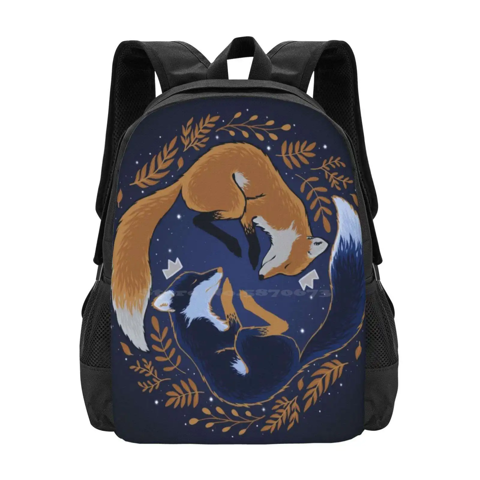 Bolsa de diseño con patrón de zorros nocturnos, mochila para estudiantes, zorro, noche, bosque, hoja, Rey, estrellas doradas