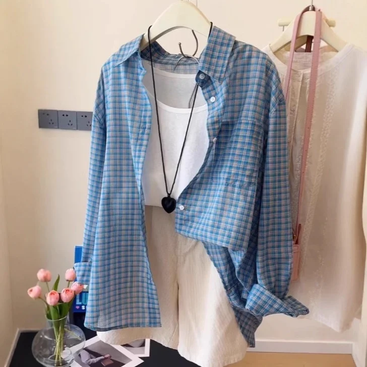 

Blue Plaid Women's Casual Loose Shirt Thin Summer Style 2025 Cross-Border Lazy Fashion Polyester Long Sleeve City Wind