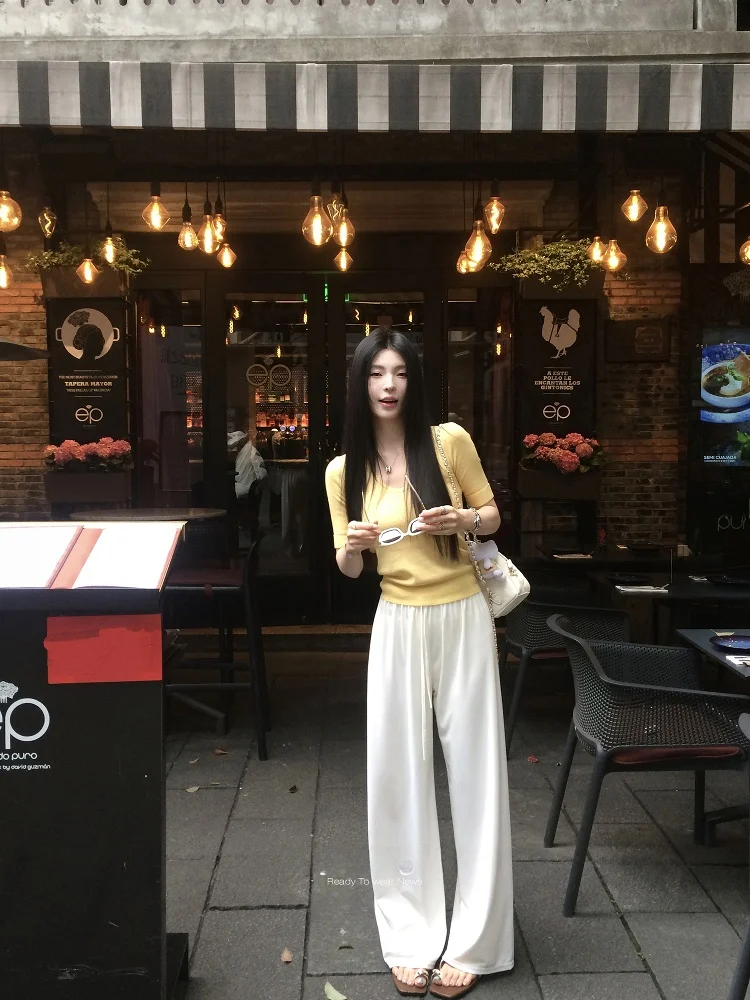 

High Waist Straight Leg Casual Pants Ice Silk Milk Skin Loose Fit Dstring Elastic Waist Casual Trousers for Women