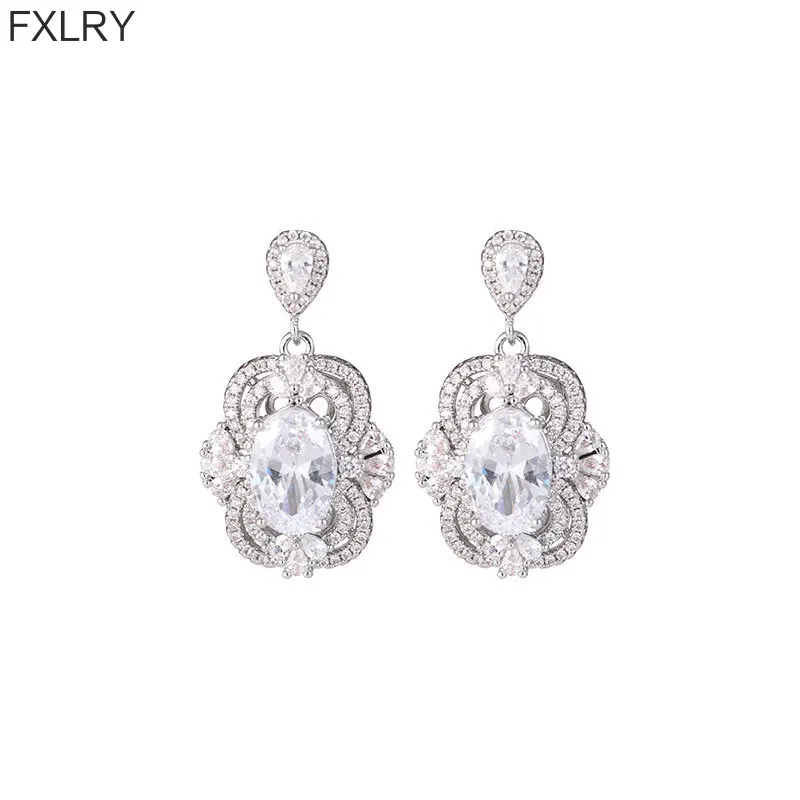 FXLRY Light Luxury Emerald Zircon S925 Silver Needle Elegant Fashion Women's Earrings for Christmas