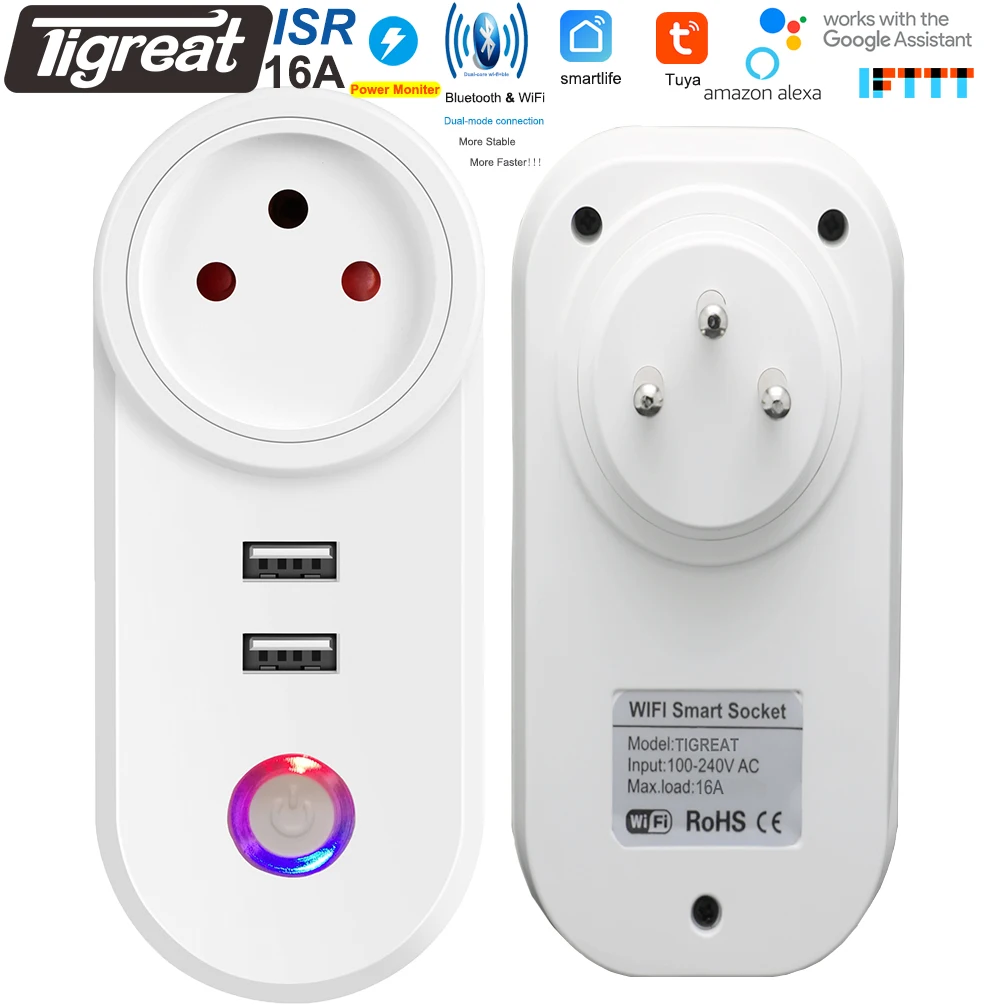 

Tigreat WiFi Smart Plug USB Charger 16A-ISreal-Alexa/Googl Home/Smartlife-Timer&Voice&Remote Control Socket