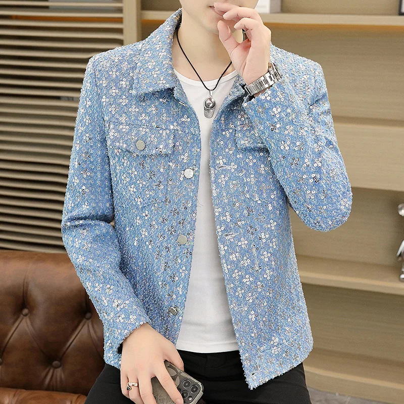 Spring Autumn Trend sequin Jacket for Men Korean style Lapel Casual Coats Social Streetwear Windbreaker Men Clothing