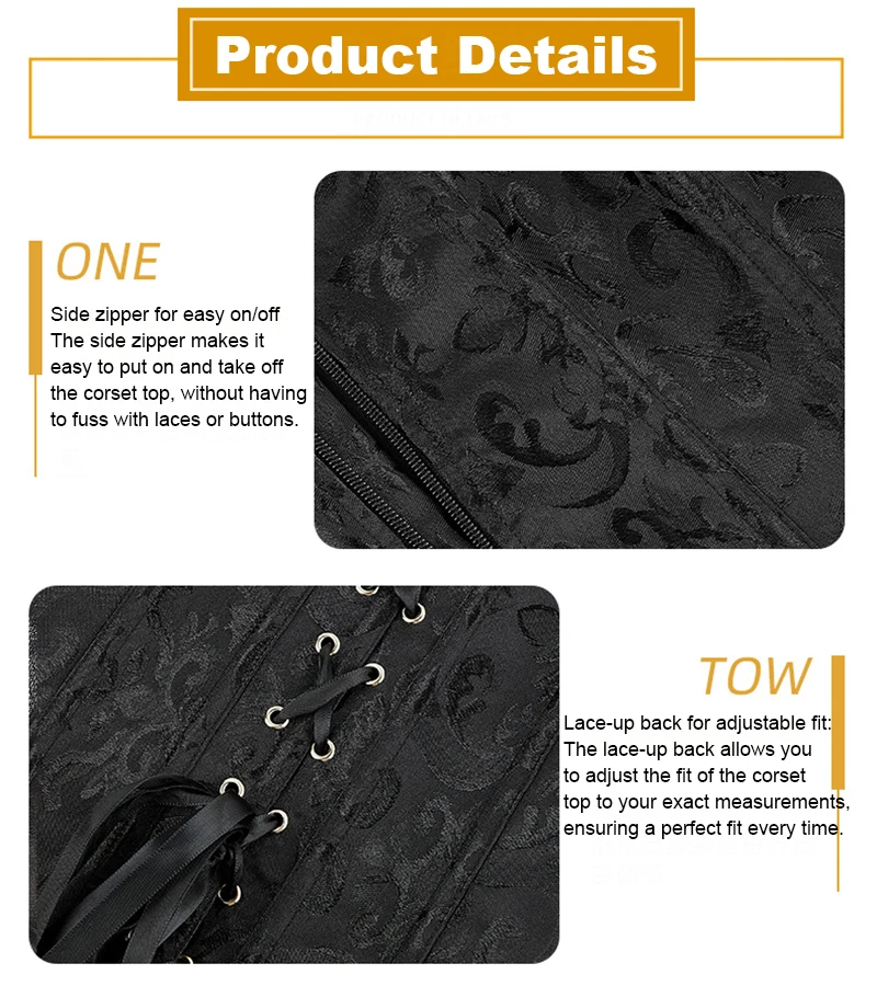 Women Corset Tops Black Overbust Corset Plus Size Floral Jacquard Corset Zipper Top Gothic Steampunk Corset Bustier Shapewear