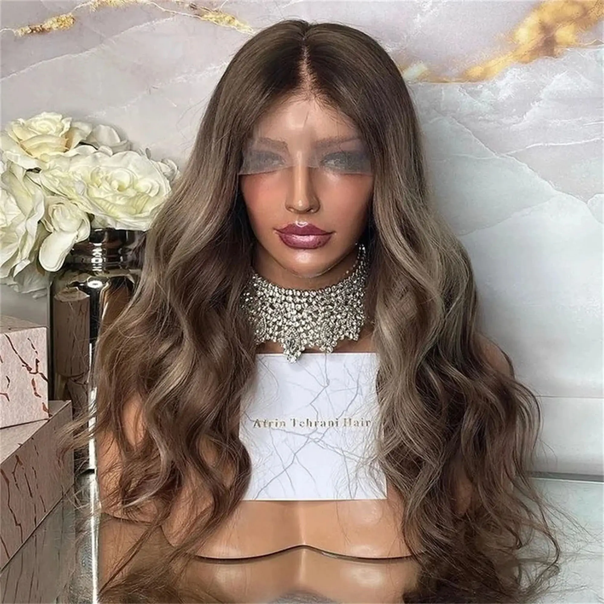 

24"Trendy Ombre Chestnut Brown Blonde Highlights Synthetic Lace Front Wigs High Quality Wig Long Body Wave Wig Party Daily Wigs