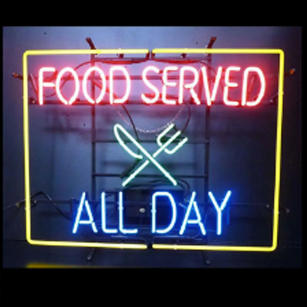 FOOD SERVED ALL DAY KNIFE FORK Custom Handmade Real Glass Tube Restaurant Advertise Room Decor Display Neon Light Sign 24