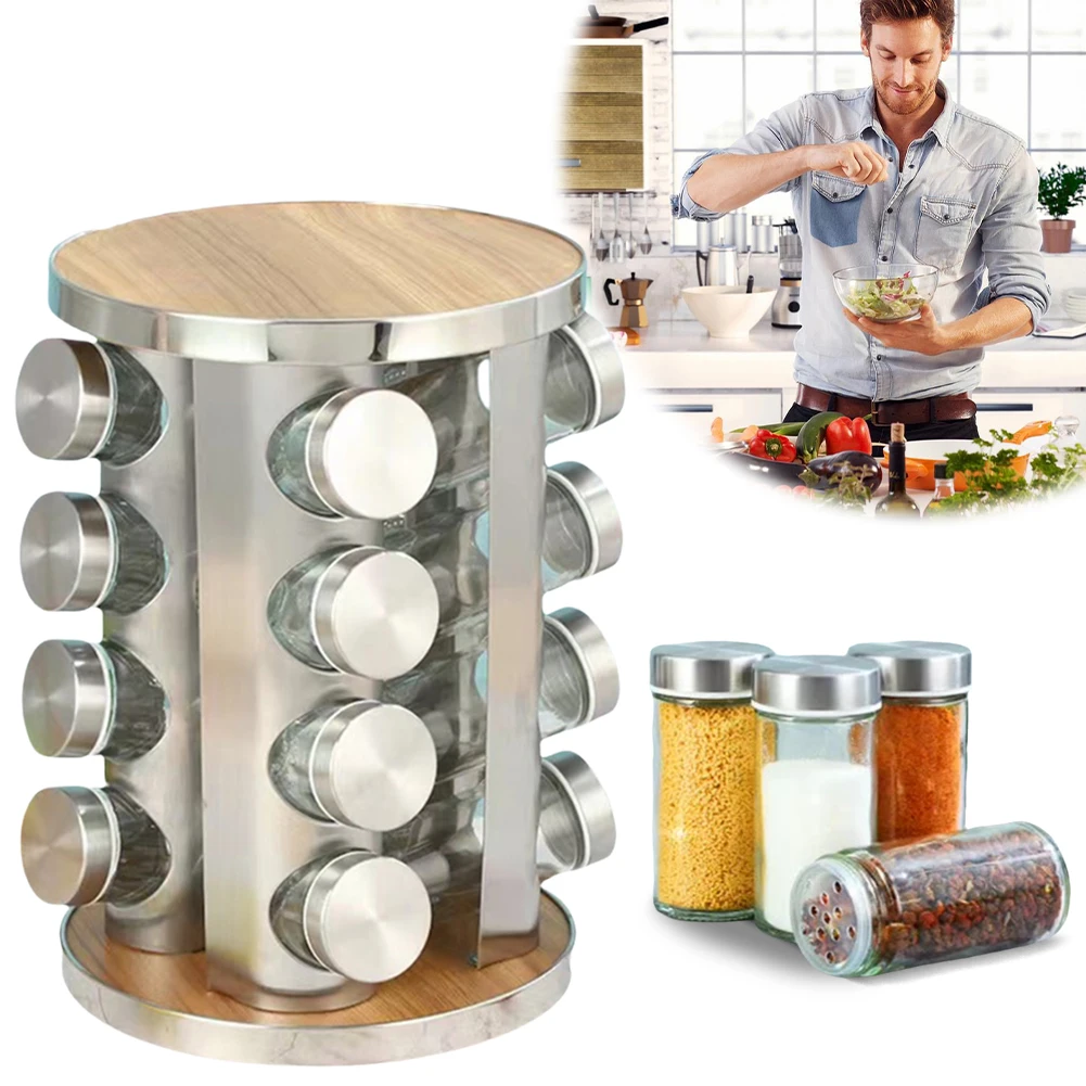 

Подставка для специй из нержавеющей стали на 16 стеклянных баночек по 3 унции, вращение на 360° ° Вращающийся органайзер для специй для кухонной столешницы или шкафа