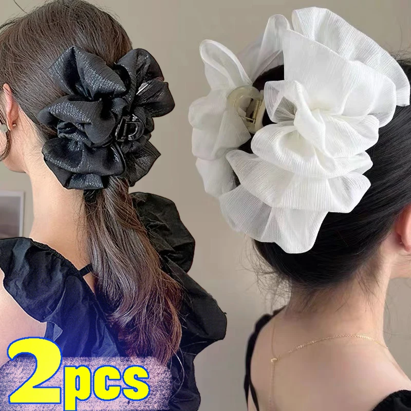 Fashion Double-sided Bowknot Hair Claw Simple White Tulle Back Head Curly Crab Hair Clip Women Simple Sweet Ponytail Headwear