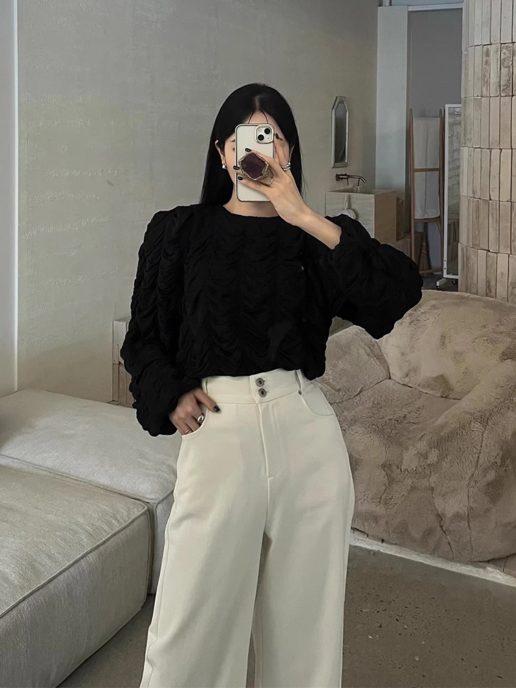 

Chic Wave Pattern Long Sve Loose Fit irt Korean Sle Commute Faion Ele Top Women's Premium Quali Autumn New Arr...