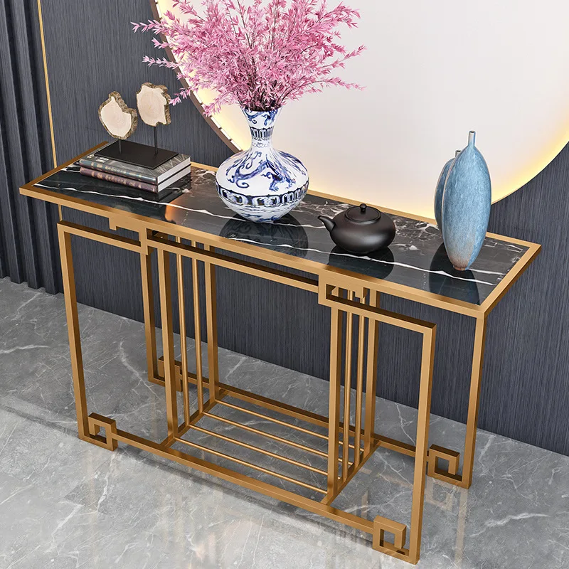 

Chinese hotel lobby end view table, simple wrought iron decorative entrance cabinet, marble gold entrance table against the wall