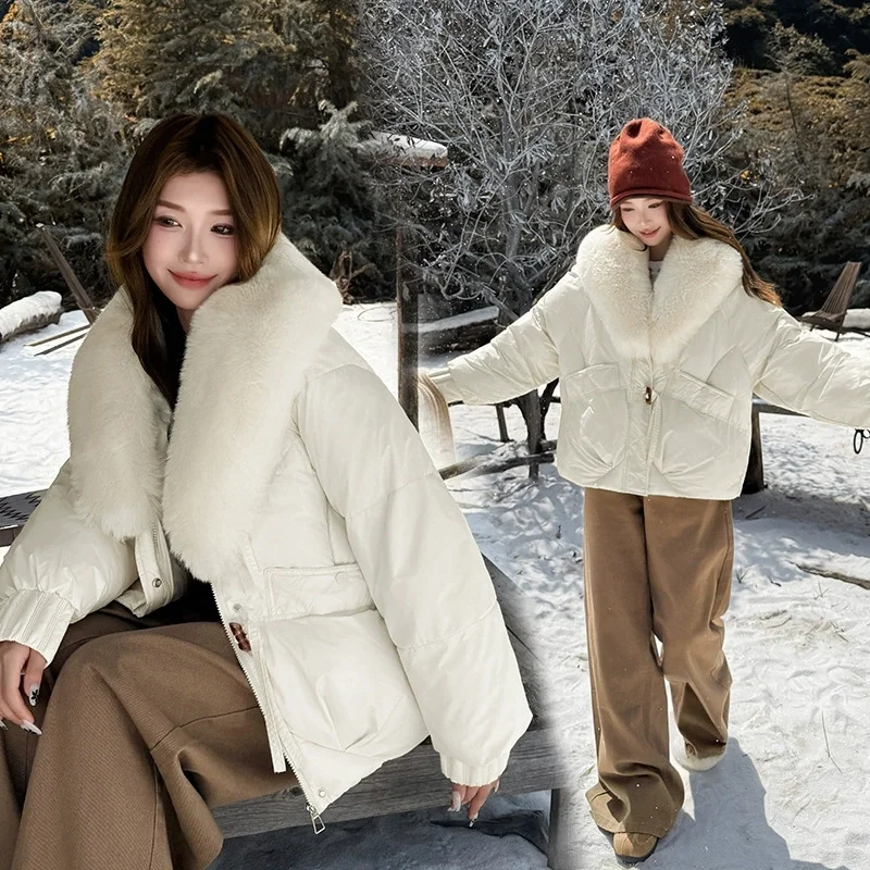 Winter Women Down Cotton Coat Street Imitation Fur Collar Hooded Short Cotton Padded Jacket Female Basic Snow Warm Overcoat 2025