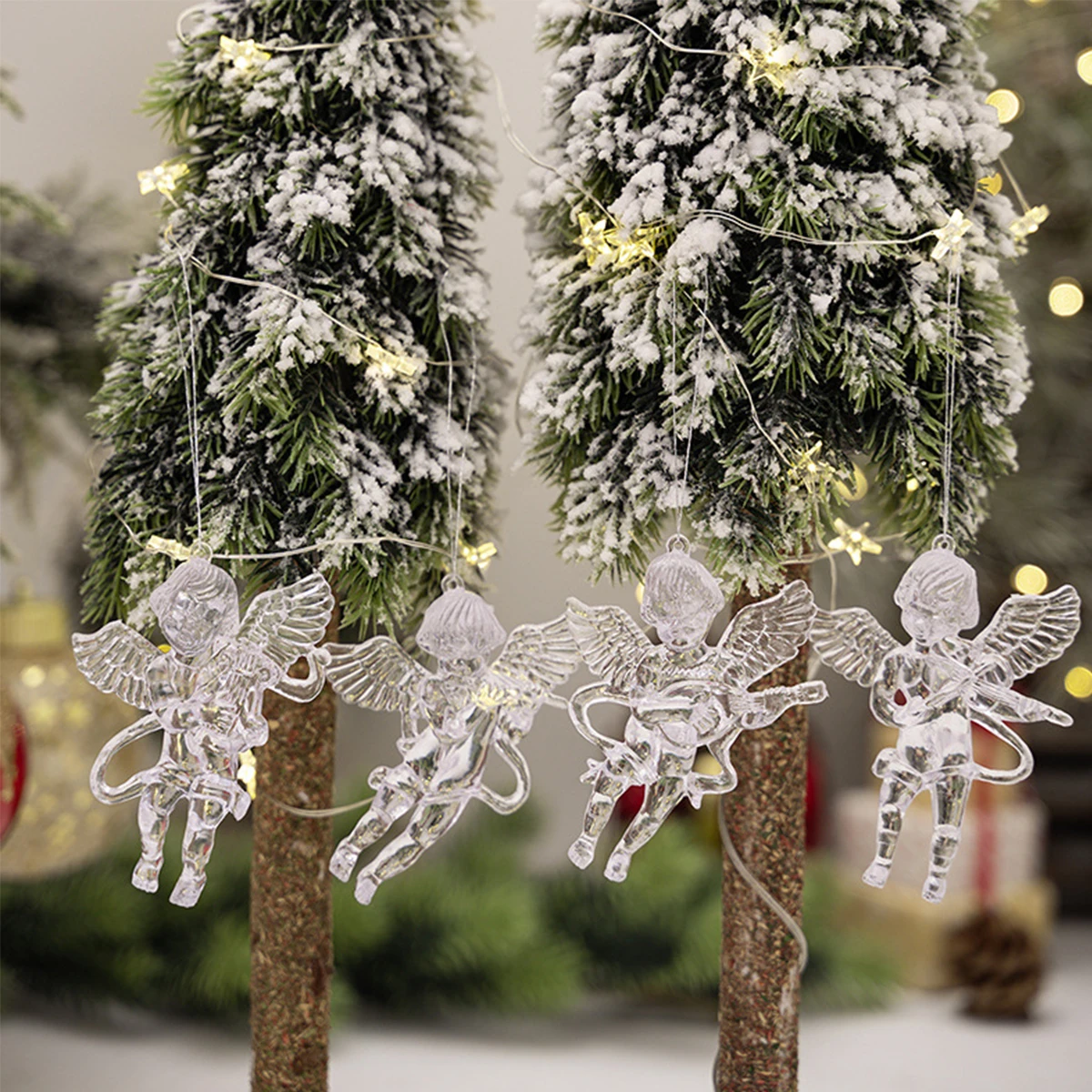 Lot de 4 ornements en acrylique transparent en forme de chérubin, décorations musicales transparentes à suspendre pour arbre de Noël et mariage