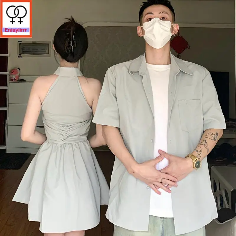 Matching Couple Hoodies Dress Lovers Clothes 2024 Summer Honeymoon Date Girls Solid Button Retro Sleeveless Shirt Dress