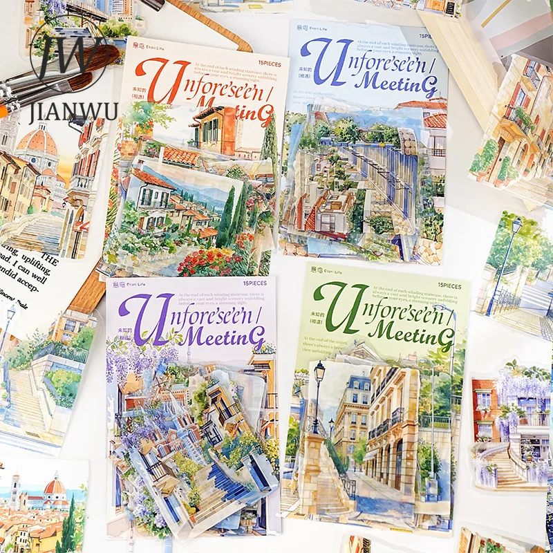 JIANWU Unknown Encounter Series Vintage City Street Landscape Material Collage PET Sticker Creative DIY Journal Stationery view 3