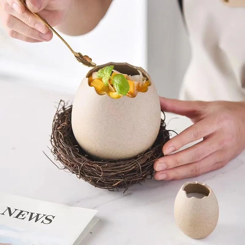 Creative Bird's Nest Broken Eggshell Cup Ceramics Dessert Bowl For Gift Steamed Egg Bowls Restaurant Decor Display