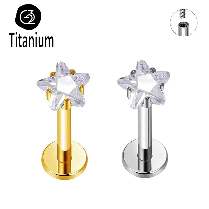 ASTM F136 G23 Titan 16G 18G Stern CZ Innengewinde Flat Back Labret Knorpel Tragus Helix Nasenstecker Piercing Lippenringe – Detail 6