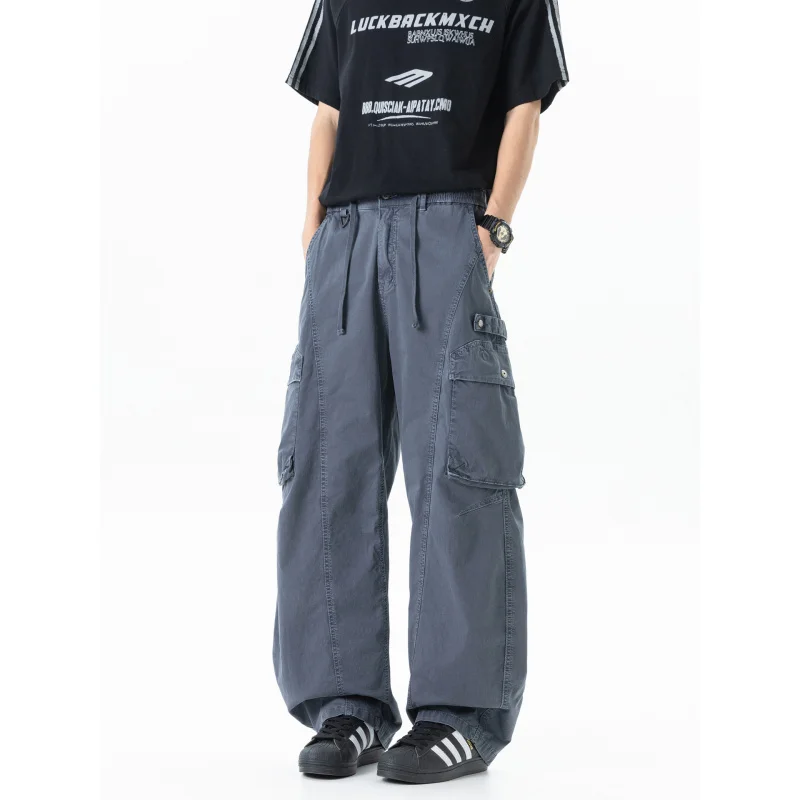 Multi pocket work pants for men, loose straight leg wide leg pants, high street casual pants