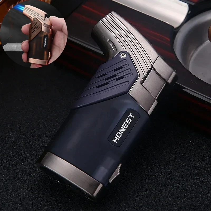 Briquet à cigare coupe-vent HONEST à 2 jets, torche à gaz butane, flamme bleue, outil de fumage de cigares avec perforateur, coffret cadeau pour homme