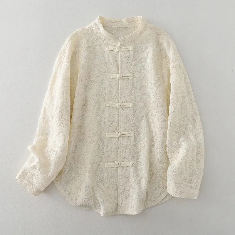 

Spring Autumn Sheer Jacquard Beige Lace Shirts Jacket Vintage Button-Front Blouse Top Retro Chinese Style Elegant Lady Cardigan