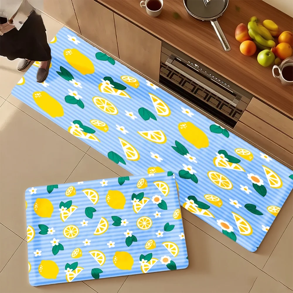 3PCS Mat Set,  Home Decoration for Front Door, Kitchen,  Blue Stripes Lemon Slices Green Leaves White Flowers Kitchen Rug.
