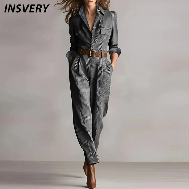 Damski kombinezon z klapami, guzikami, kieszeniami, długim rękawem, luźny, na imprezę, casualowy, jednolity kolor, modny.