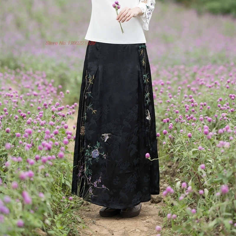 2025 traditional chinese vintage skirt national flower embroidered satin jacquard skirt oriental elastic waist folk a-line skirt