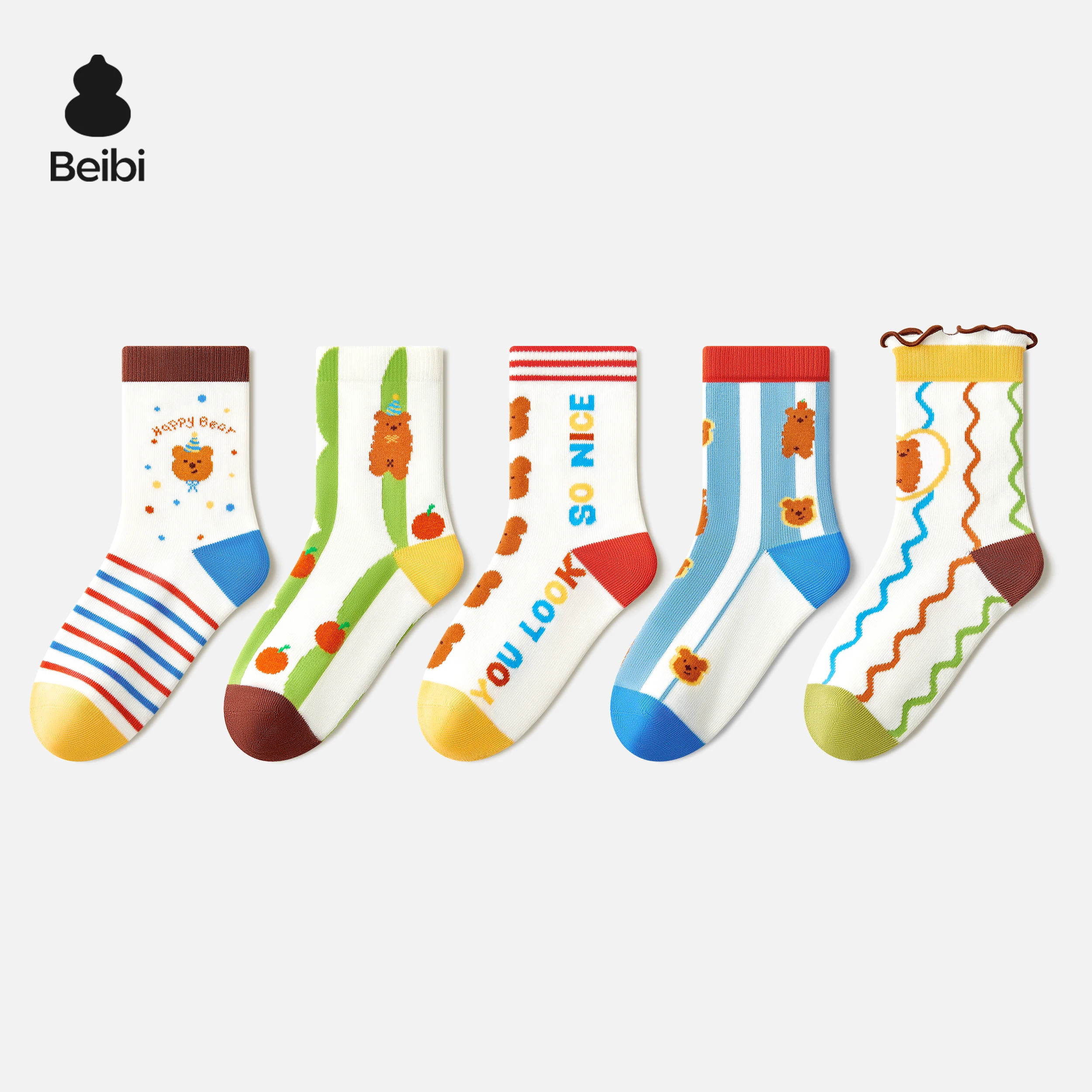 Beibi 5 Pairs Mid-Calf Socks for Kids 3+ Autumn Winter Warm Creative Fun Party Bear Pattern Striped Lace Edged Colorful Socks