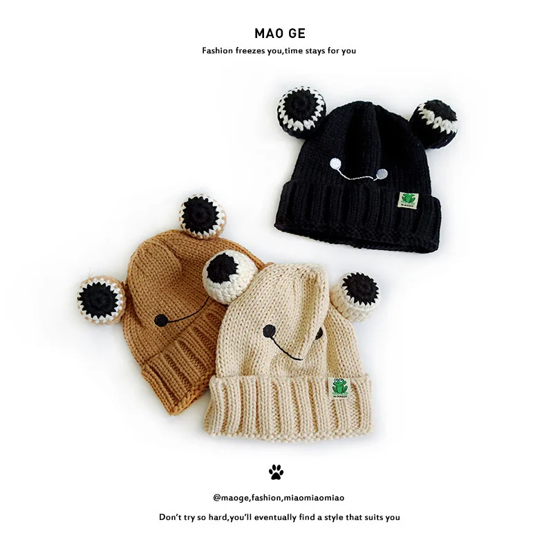 Cat Brother Children's New Cute Fashionable Knitted Frog For Boys And Girls Cloth Label Smiling Face Woolen Hat