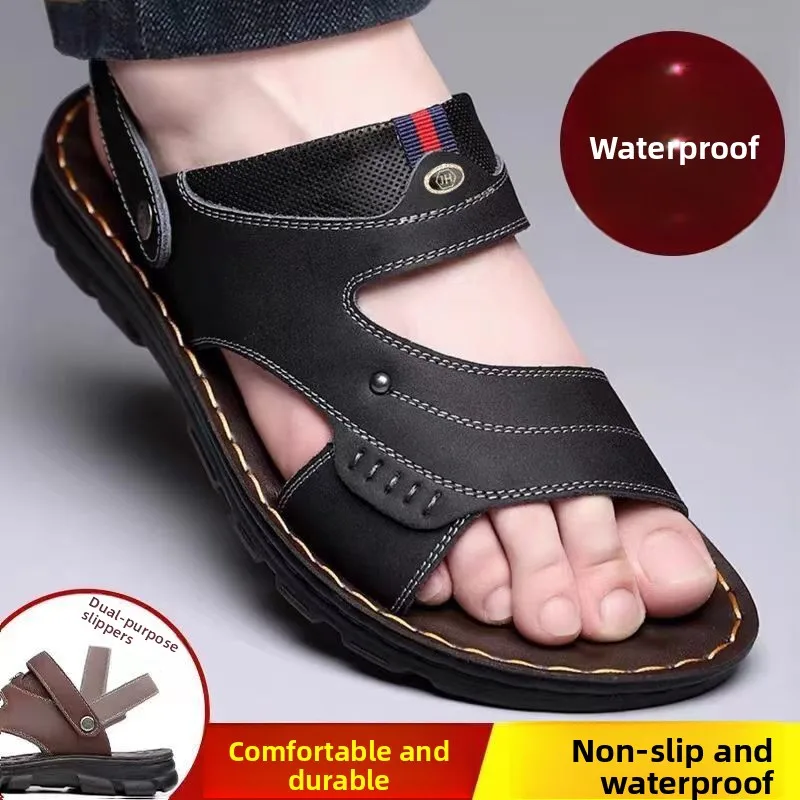 Men's Summer Breathable Wear-Resistant Slip-On Shoes Open-Toe Beach Sandals Waterproof Middle-Aged Men Slippers Fashionable S...
