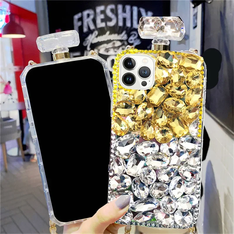 Luxury Bling Crystal Diamond Chain Phone Case, Perfume Bottle Lanyard, Case for iPhone16 15, 14, 11, 12, 13 Pro, XR, XS MAX