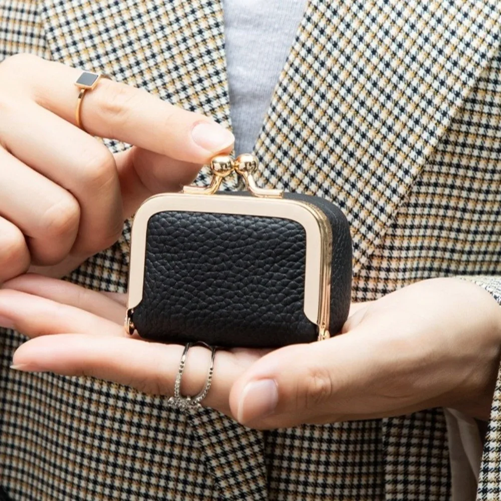 Genuine Leather Kiss Lock Coin Purse Solid Color Multifunctional Leather Jewelry Bag Square Mini Small Item Bag Woman Girl