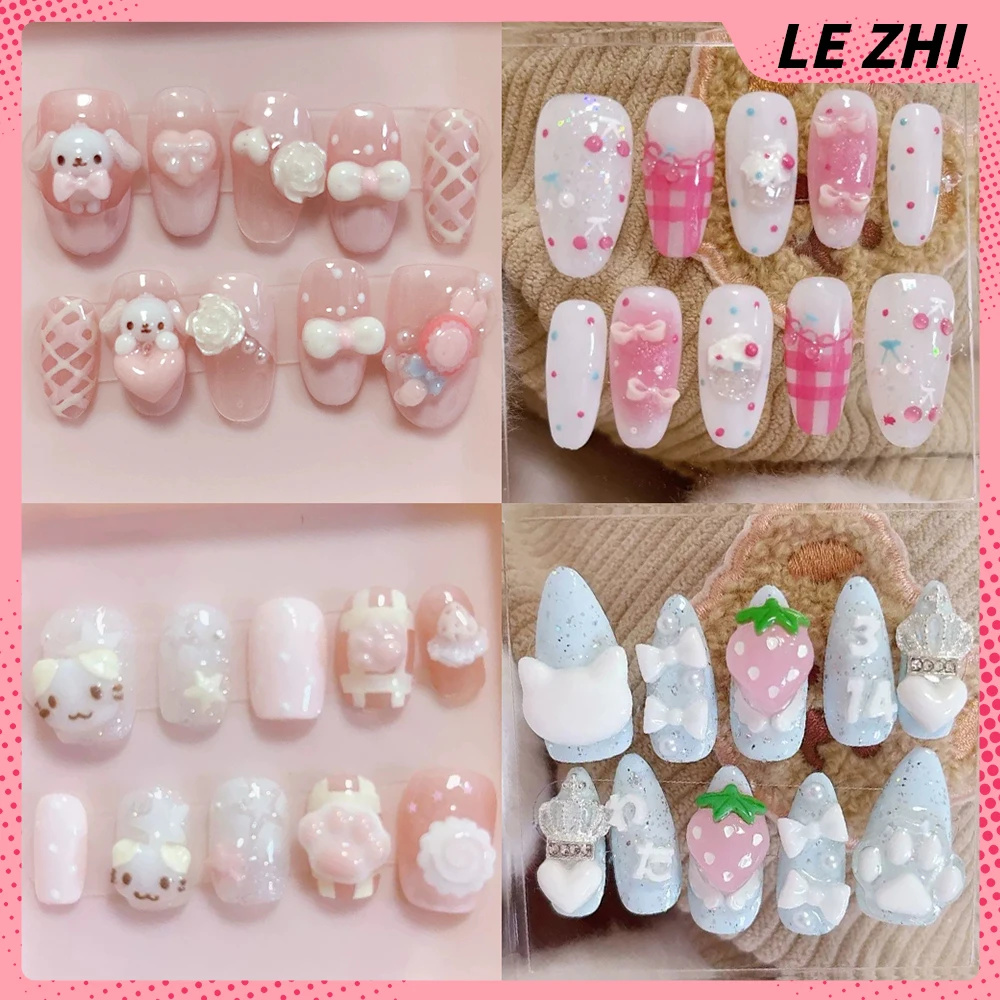 

10Pcs Sweet Lovely Rilakkuma Rabbit Snowman Handmade Press On Nails Pearl Flower Bowknot Strawberry Diamond Fake Nails Gift