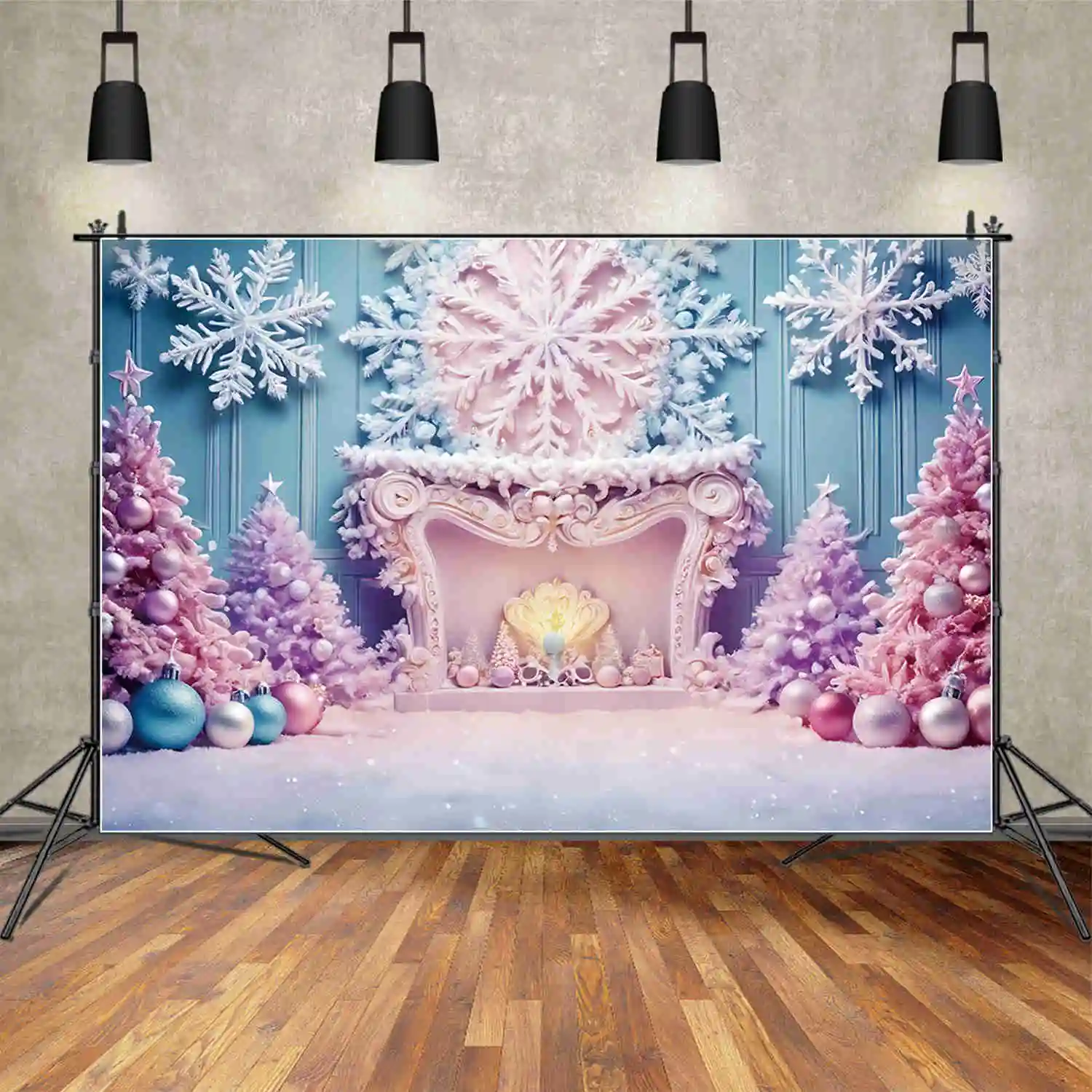 

MOON.QG Fairy Christmas Christmas Tree Background Purple Blue Pine Tree Fireplace Western Backdrops Party Photocall Accessories