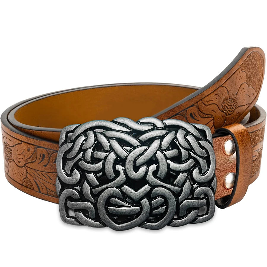 Vintage Western Cowboy Style Belt - Men's and Women's Irregular Pattern Carved Floral Long Horn Bull Head Smooth Buckle Leather