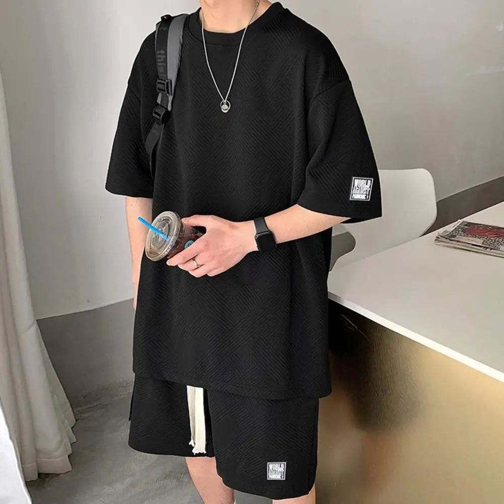 Trendy T-shirt Shorts Set Sweat Absorption Casual Outfit Waffle Texture Summer Pure Color Men Tracksuit Moisture Wicking