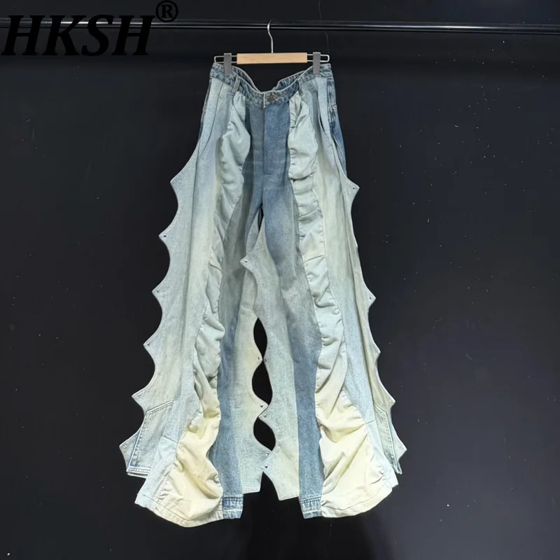 HKSH Spring Autumn New Men Tide Chic Ins Deconstructed Asymmetric Patchwork Jeans Heavy Loose Wide-Leg Cargo Pants Trend HK27477