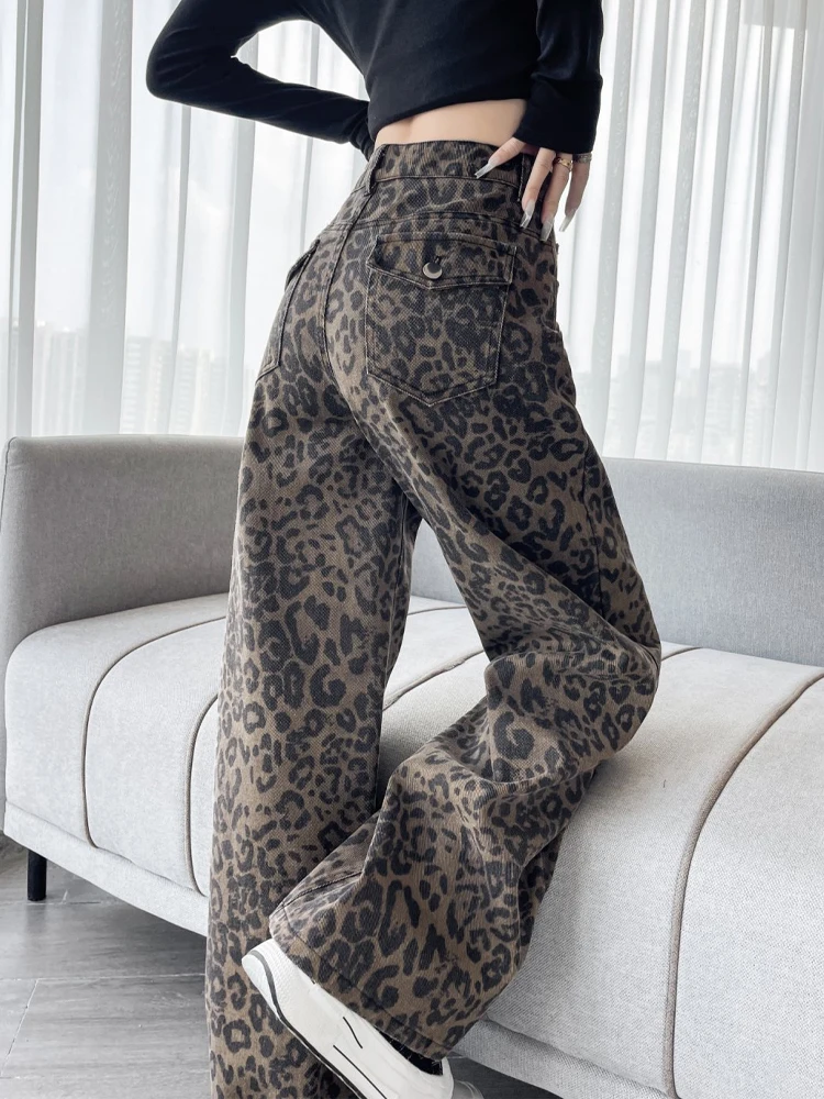 American Washed Leopard Print Straight Leg Workwear Pants Women Spring New Small Size Jeans Wide Leg Trendy Casual Trousers