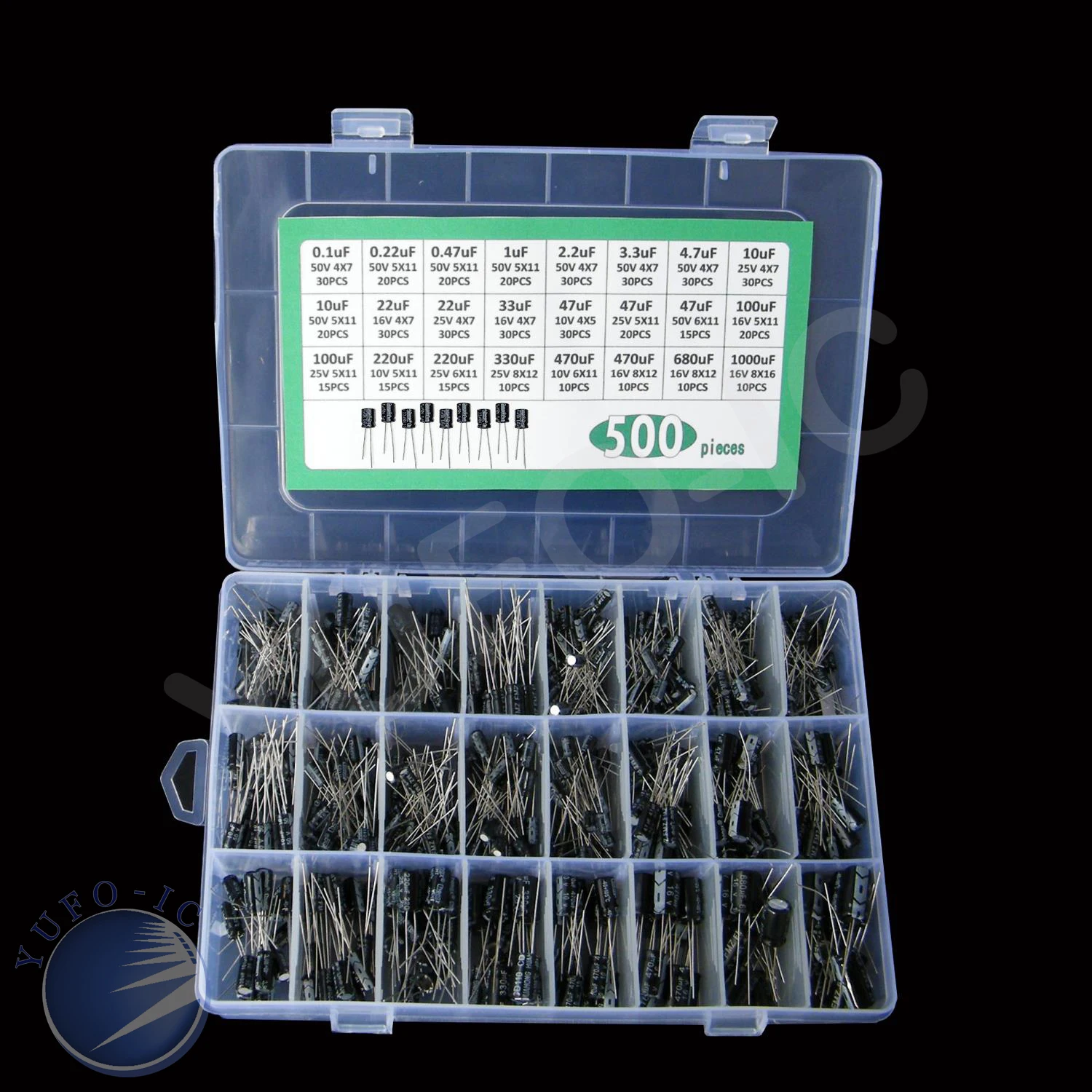 

500pc Aluminum Electrolytic Capacitor Kit Box 0.1/0.22/0.47/1/2.2/3.3/4.7/10/22/33/47/100/220/330/470/680/1000uf 10v/16v/25v/50V