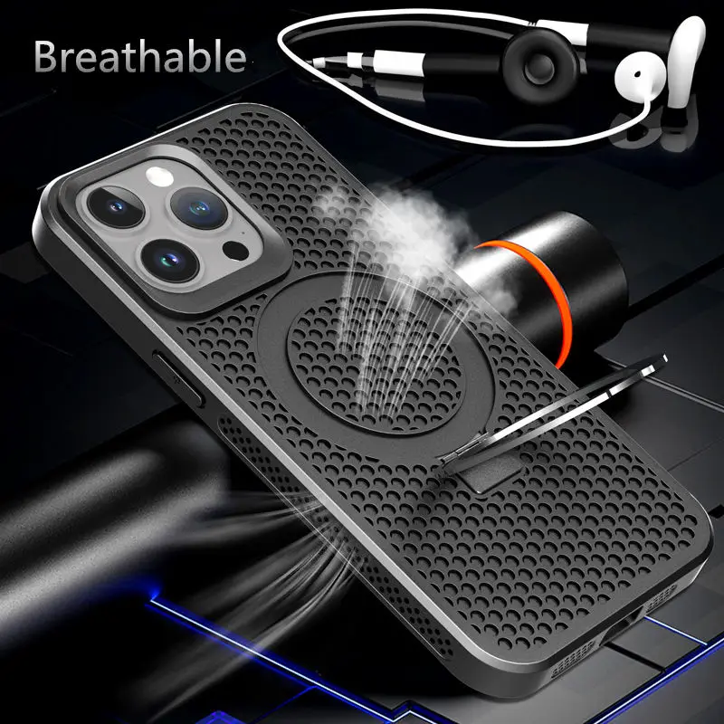 Luxury Skin Feel Magnetic Bracket Cooling Magsafe Case for iPhone 15 Pro Max 11 12 13 Pro 14 Plus Breathable Rugged Phone Cover