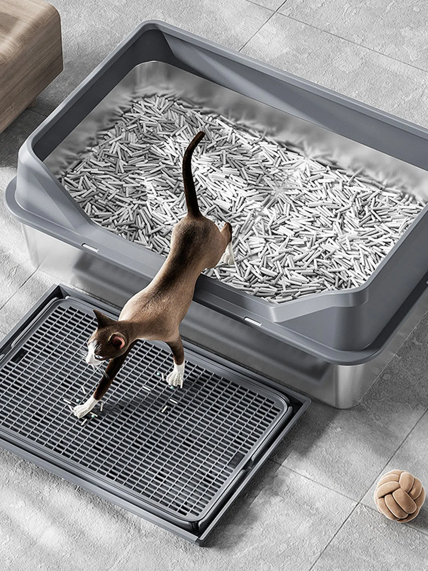 

Лоток для кошек из нержавеющей стали с боковым входом/выходом, защитной крышкой от разбрызгивания и ковриком для улавливания наполнителя, предотвращающий утечку песка и мочи