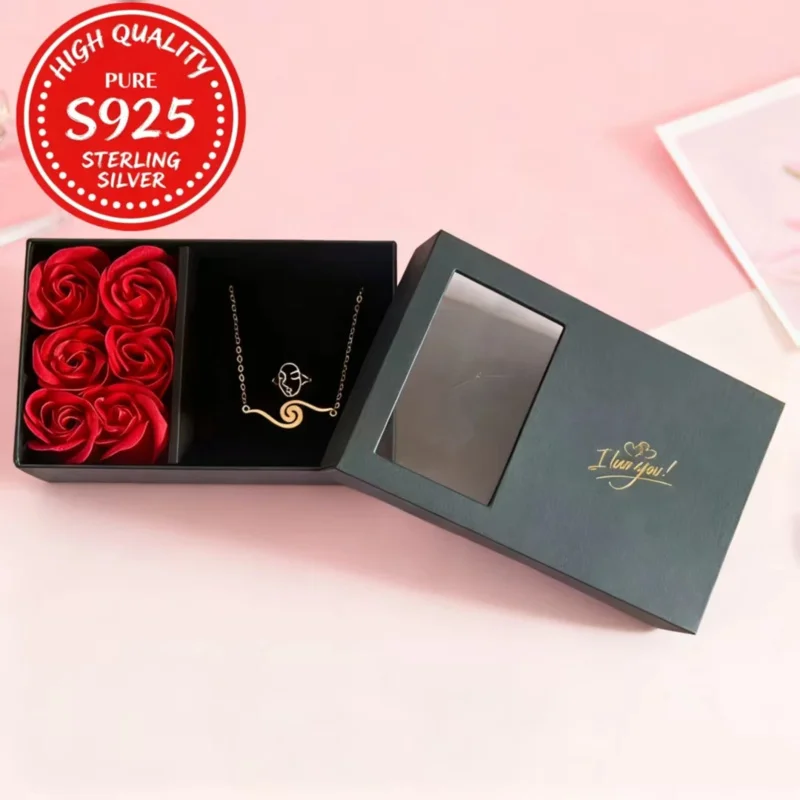 

925 Sterling Silver Jewelry Set - 18K Gold Evil Eye Necklace Ring Rose Gift Box Holiday Gift for Women