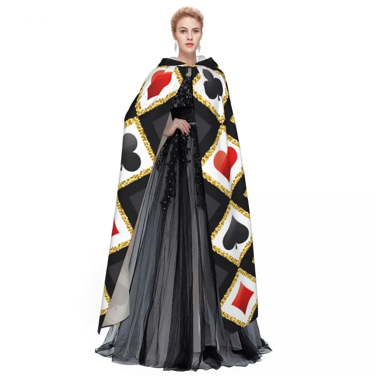 Golden Alice In Wonderland Poker Red Black Adult Cloak Cape Hooded Medieval Costume Witch Wicca Elf Purim Carnival Party